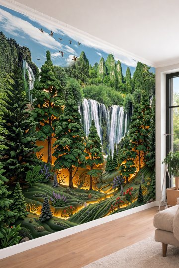 Dreamwall Şelaleler, Orman ve Dağ Manzaralı Tek Parça Tekstil Duvar Kağıdı  küçük görsel 1