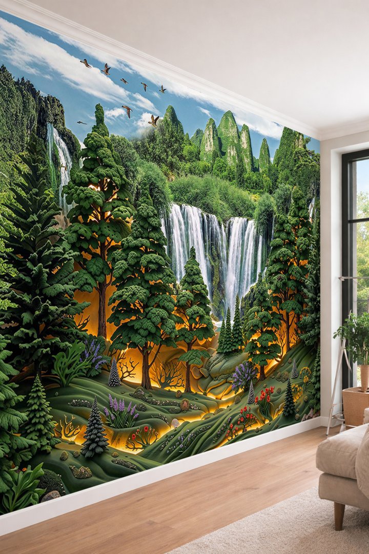 Dreamwall Şelaleler, Orman ve Dağ Manzaralı Tek Parça Tekstil Duvar Kağıdı 