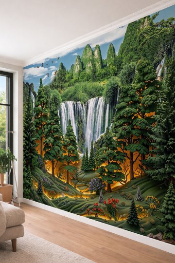 Dreamwall Şelaleler, Orman ve Dağ Manzaralı Tek Parça Tekstil Duvar Kağıdı  küçük görsel 4