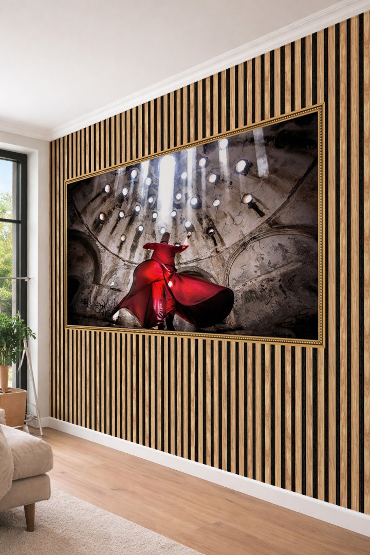 Dreamwall Semazen Temalı Modern Ahşap Çıta Görünümlü 3D Efektli Tek Parça Tekstil Duvar Kağıdı