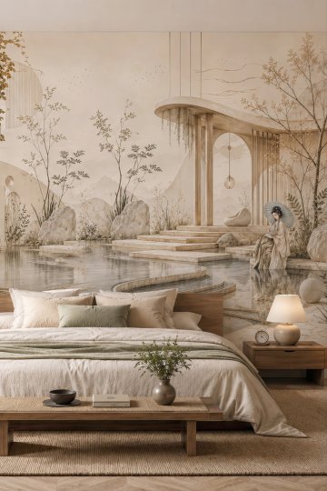 Dreamwall Şemsiye Kadın Doğu Bahçesi Pavilion Manzaralı Tekstil Duvar Kağıdı