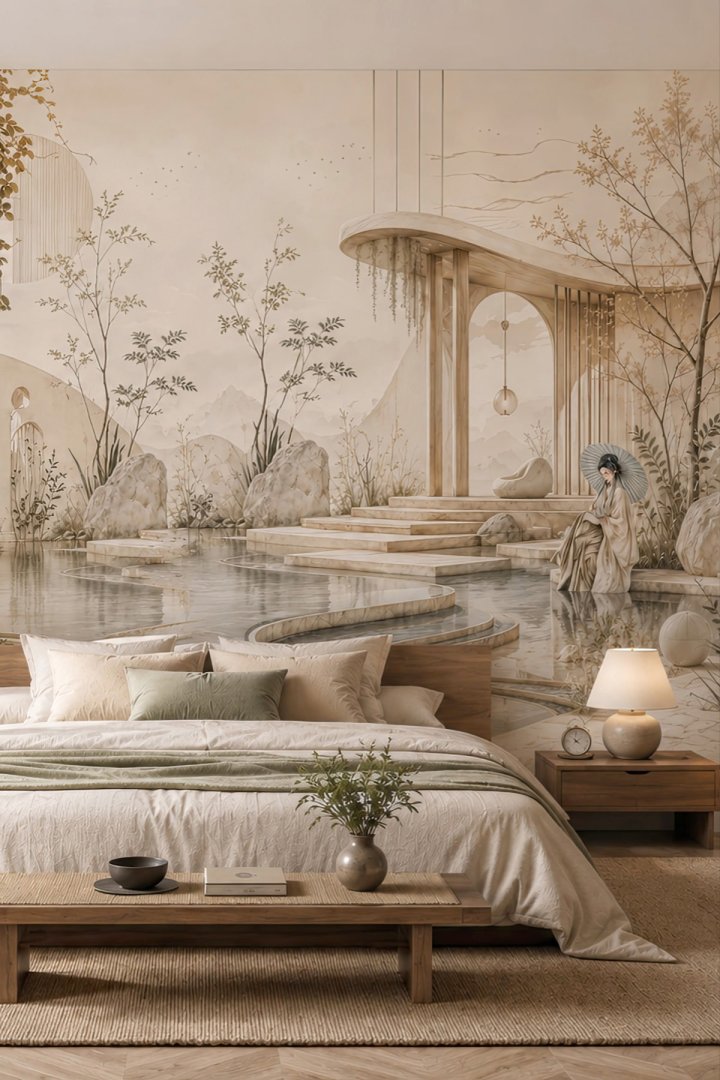 Dreamwall Şemsiye Kadın Doğu Bahçesi Pavilion Manzaralı Tekstil Duvar Kağıdı