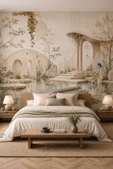 Dreamwall Şemsiye Kadın Doğu Bahçesi Pavilion Manzaralı Tekstil Duvar Kağıdı küçük görsel 2