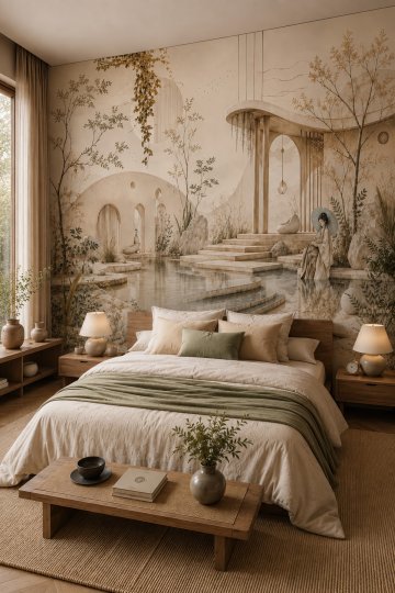 Dreamwall Şemsiye Kadın Doğu Bahçesi Pavilion Manzaralı Tekstil Duvar Kağıdı küçük görsel 3