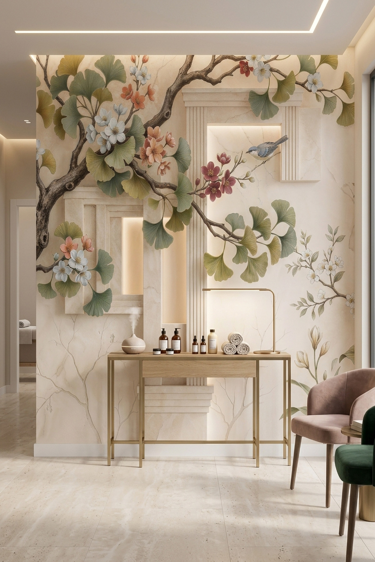 Dreamwall Serena Korusu - Bitki ve Mermer Niş Desenli Tek Parça Tekstil Duvar Kağıdı  görsel 1