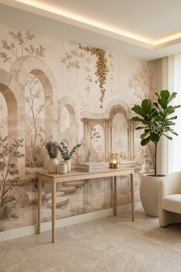 Dreamwall Sessiz Kemerler- Havuzlu Bahçe Desenli Tek Parça Tekstil Duvar Kağıdı 