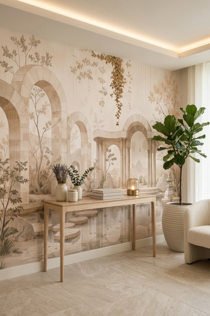 Dreamwall Sessiz Kemerler- Havuzlu Bahçe Desenli Tek Parça Tekstil Duvar Kağıdı 