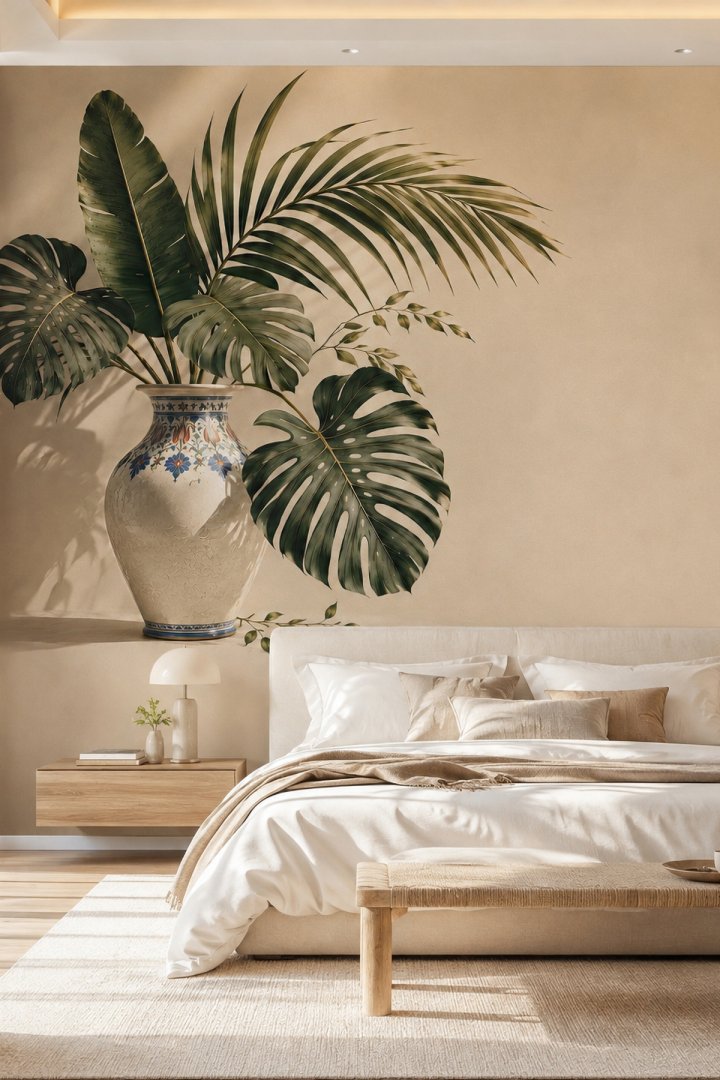 Dreamwall Sessiz Öğlen- Monstera Tropik Bitki Desenli Tek Parça Tekstil Duvar Kağıdı