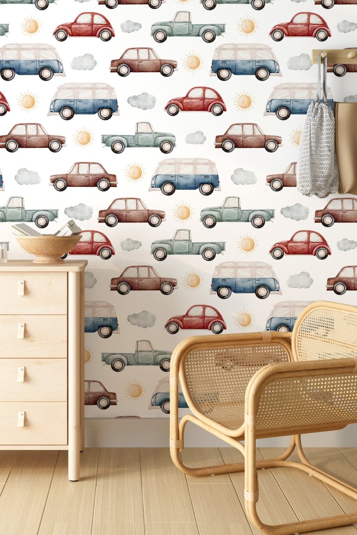 Dreamwall Sevimli Arabalar Desenli Çocuk Odası Tek Parça Tekstil Duvar Kağıdı