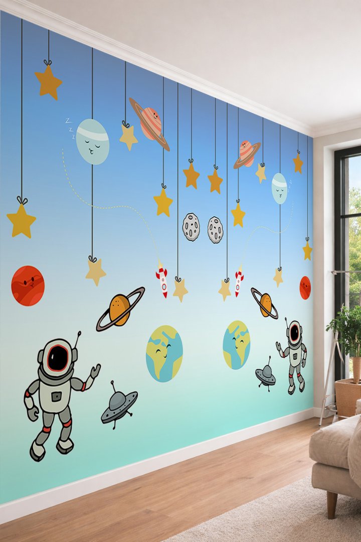 Dreamwall Sevimli Astronotlar ve Uzay Macerası - Çocuk Odası İçin Tek Parça Tekstil Duvar Kağıdı