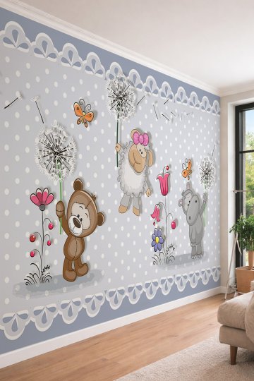 Dreamwall Sevimli Ayıcık, Kuzu ve Hipopotam Temalı Puantiyeli Bebek Odası Duvar Kağıdı 