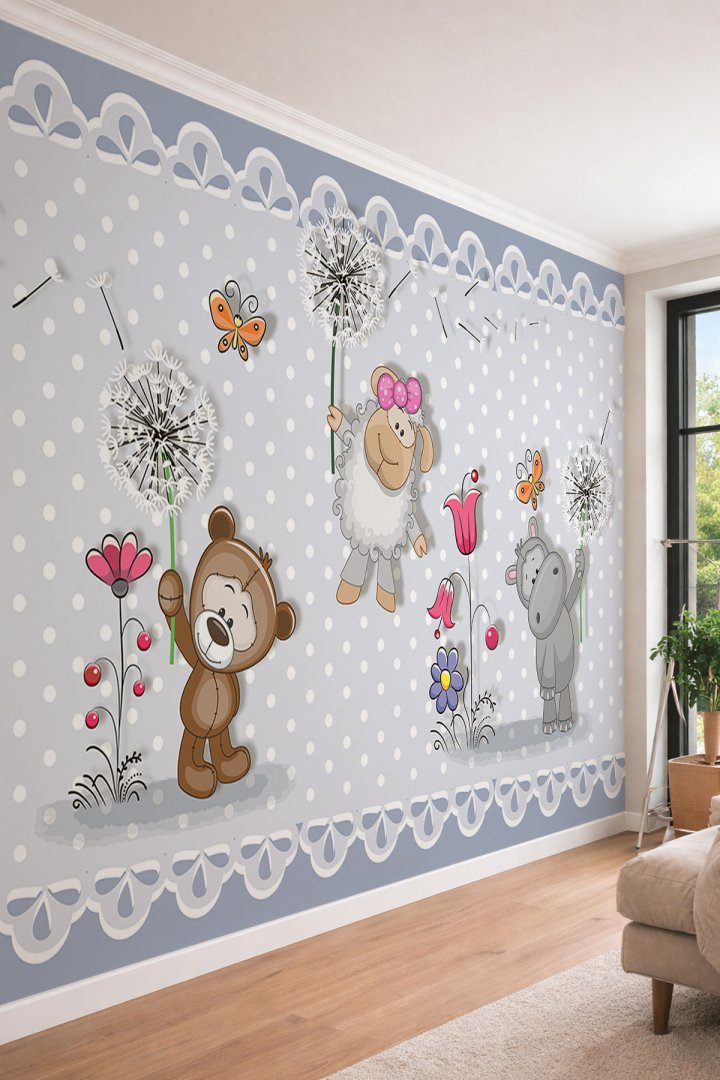 Dreamwall Sevimli Ayıcık, Kuzu ve Hipopotam Temalı Puantiyeli Bebek Odası Duvar Kağıdı 