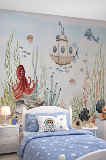 Dreamwall Sevimli Denizaltı, Yunus, Ahtapot, Deniz Atları ve Mercan Motifli Tek Parça Tekstil Duvar Kağıdı  küçük görsel 1