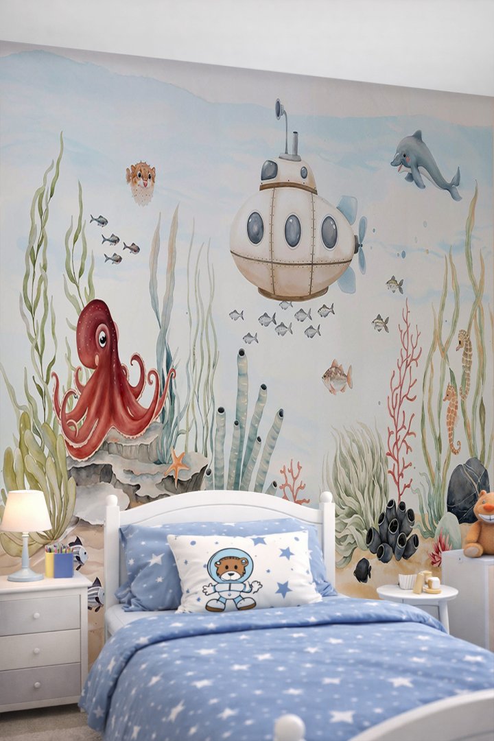 Dreamwall Sevimli Denizaltı, Yunus, Ahtapot, Deniz Atları ve Mercan Motifli Tek Parça Tekstil Duvar...