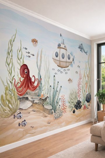 Dreamwall Sevimli Denizaltı, Yunus, Ahtapot, Deniz Atları ve Mercan Motifli Tek Parça Tekstil Duvar Kağıdı  küçük görsel 2