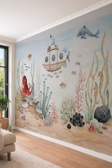 Dreamwall Sevimli Denizaltı, Yunus, Ahtapot, Deniz Atları ve Mercan Motifli Tek Parça Tekstil Duvar Kağıdı  küçük görsel 3