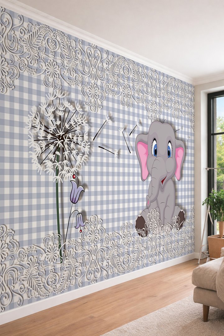 Dreamwall Sevimli Fil ve Karahindiba Temalı Pötikare Desenli Tek Parça Tekstil Duvar Kağıdı 