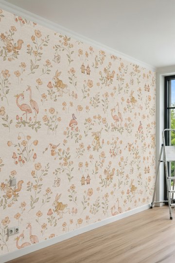 Dreamwall Sevimli Hayvanlar, Flamingolar ve Çiçek Desenli Tek Parça Tekstil Duvar Kağıdı küçük görsel 4
