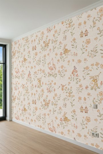 Dreamwall Sevimli Hayvanlar, Flamingolar ve Çiçek Desenli Tek Parça Tekstil Duvar Kağıdı küçük görsel 5
