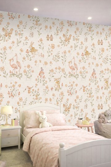 Dreamwall Sevimli Hayvanlar, Flamingolar ve Çiçek Desenli Tek Parça Tekstil Duvar Kağıdı küçük görsel 3
