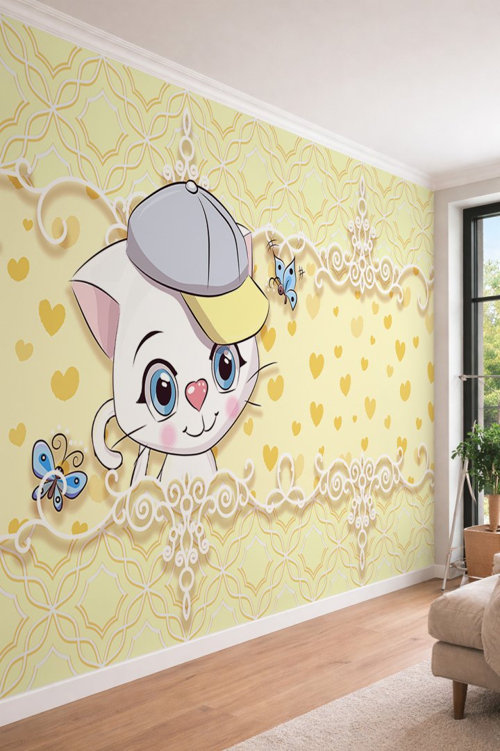 Dreamwall Sevimli Şapkalı Kedi ve Kalp Desenli Bebek Odası Tek Parça Tekstil Duvar Kağıdı