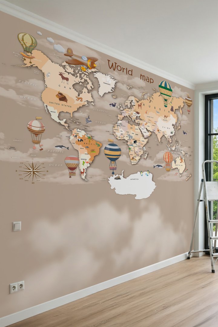 Dreamwall Sıcak Hava Balonları, Hayvan Figürleri ve Eğitici Dünya Haritası Motifli Tek Parça Tekstil...