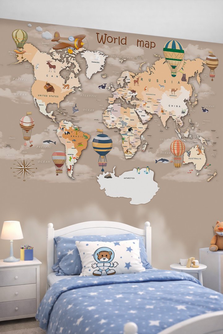 Dreamwall Sıcak Hava Balonları, Hayvan Figürleri ve Eğitici Dünya Haritası Motifli Tek Parça Tekstil...