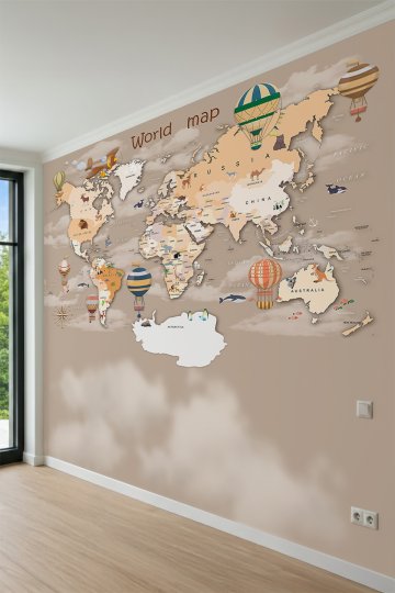 Dreamwall Sıcak Hava Balonları, Hayvan Figürleri ve Eğitici Dünya Haritası Motifli Tek Parça Tekstil Duvar Kağıdı küçük görsel 3