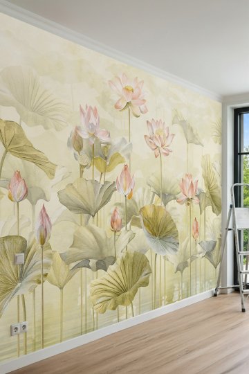 Dreamwall Sisli Bahçe Lotus Çiçekleri ve Yaprakları Tek Parça Tekstil Duvar Kağıdı küçük görsel 2