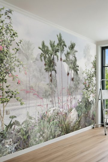 Dreamwall Sisli Göl Manzaralı, Palmiye Ağaçları ve Tropikal Doğa Motifli Tek Parça Tekstil Duvar Kağıdı