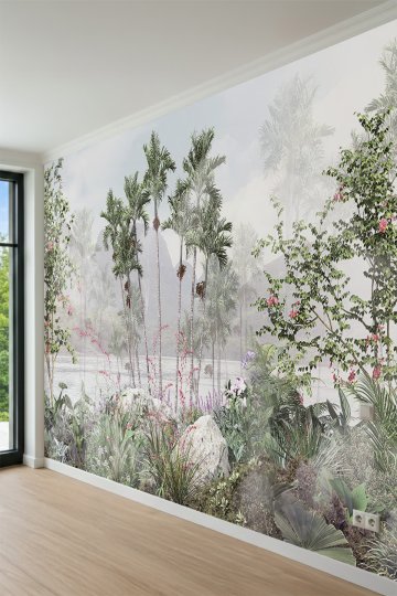 Dreamwall Sisli Göl Manzaralı, Palmiye Ağaçları ve Tropikal Doğa Motifli Tek Parça Tekstil Duvar Kağıdı küçük görsel 3