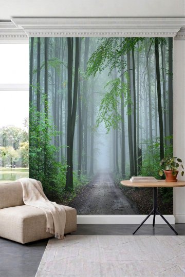 Dreamwall Sisli Orman Yolu Manzaralı Yeşil Doğa Temalı Tek Parça Tekstil Duvar Kağıdı küçük görsel 1