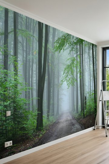 Dreamwall Sisli Orman Yolu Manzaralı Yeşil Doğa Temalı Tek Parça Tekstil Duvar Kağıdı küçük görsel 2