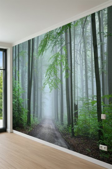 Dreamwall Sisli Orman Yolu Manzaralı Yeşil Doğa Temalı Tek Parça Tekstil Duvar Kağıdı küçük görsel 3