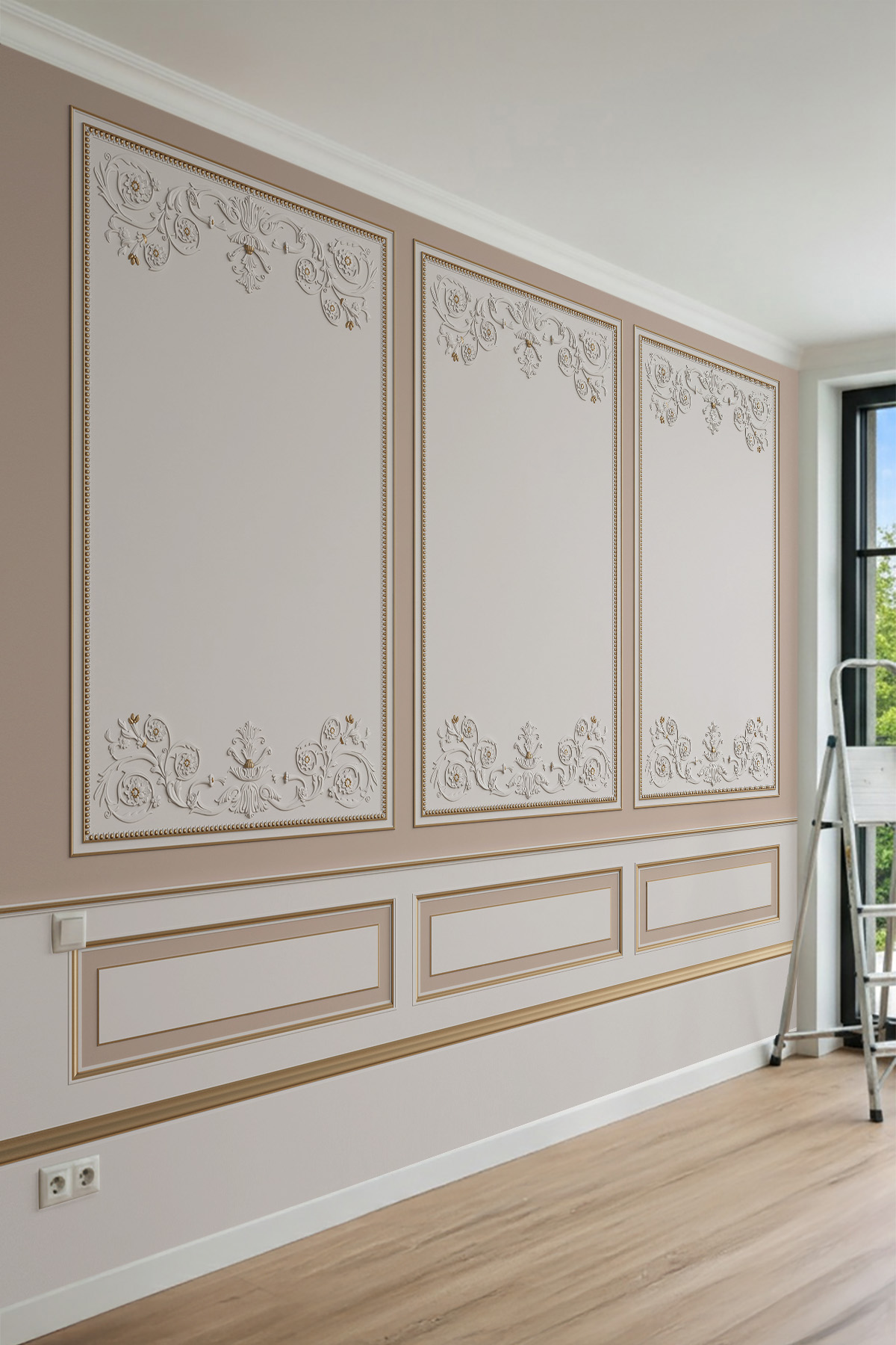 Dreamwall Soft Barok Rölyef ve Lambri Desenli Tek Parça Tekstil Duvar Kağıdı görsel 1