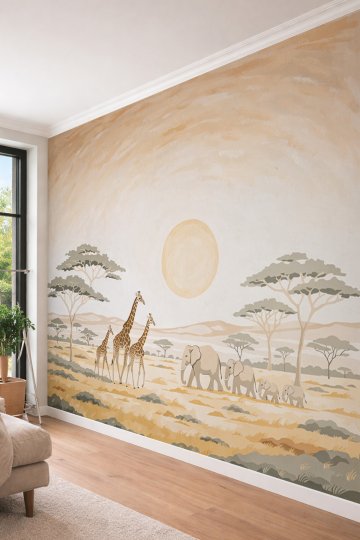 Dreamwall Soft Krem ve Bej Tonlarında Akasya Ağaçları, Zürafa ve Fil Ailesi Motifli Tek Parça Tekstil Duvar Kağıdı  küçük görsel 3