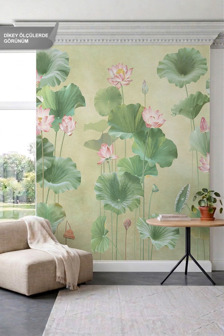 Dreamwall Soft Lotus Çiçekleri ve Devasa Yeşil Yaprak Motifli Tek Parça Tekstil Duvar Kağıdı