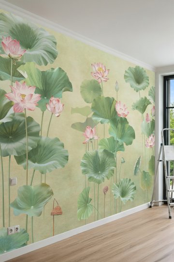 Dreamwall Soft Lotus Çiçekleri ve Devasa Yeşil Yaprak Motifli Tek Parça Tekstil Duvar Kağıdı küçük görsel 2