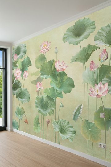 Dreamwall Soft Lotus Çiçekleri ve Devasa Yeşil Yaprak Motifli Tek Parça Tekstil Duvar Kağıdı küçük görsel 3