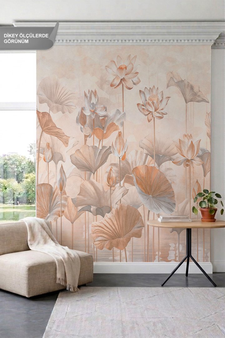 Dreamwall Somon Tonlarında Lotus Çiçekleri ve YapraklarıTek Parça Tekstil Duvar Kağıdı