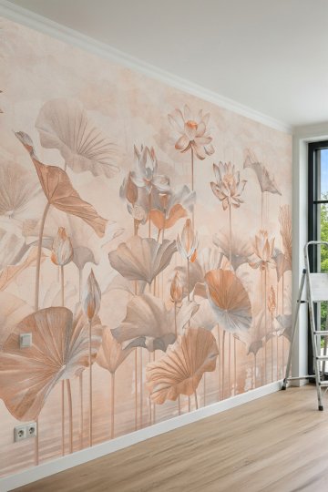 Dreamwall Somon Tonlarında Lotus Çiçekleri ve YapraklarıTek Parça Tekstil Duvar Kağıdı küçük görsel 3