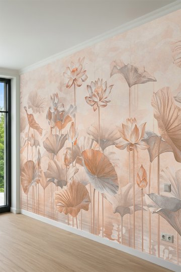 Dreamwall Somon Tonlarında Lotus Çiçekleri ve YapraklarıTek Parça Tekstil Duvar Kağıdı küçük görsel 2