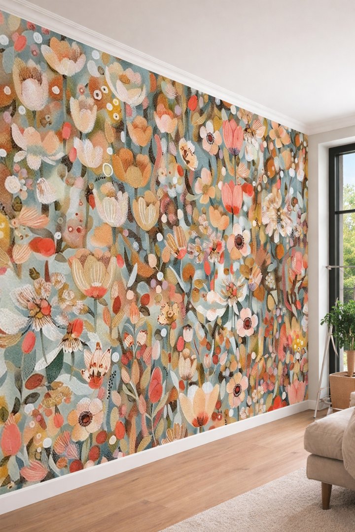 Dreamwall Somon ve Bej Tonlarında Çiçek Tarlası Motifli Tek Parça Tekstil Duvar Kağıdı 