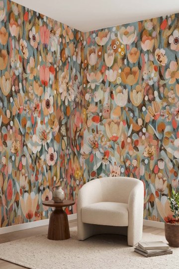 Dreamwall Somon ve Bej Tonlarında Çiçek Tarlası Motifli Tek Parça Tekstil Duvar Kağıdı  küçük görsel 2