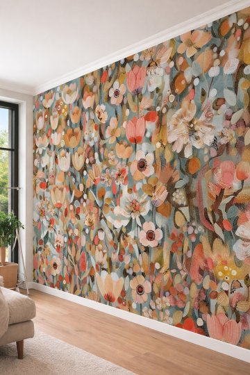 Dreamwall Somon ve Bej Tonlarında Çiçek Tarlası Motifli Tek Parça Tekstil Duvar Kağıdı  küçük görsel 3