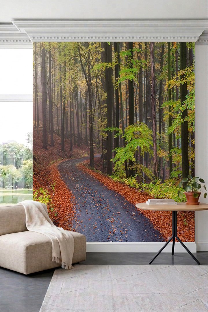 Dreamwall Sonbahar Orman Yolu Manzaralı Doğa Temalı Tek Parça Tekstil Duvar Kağıdı
