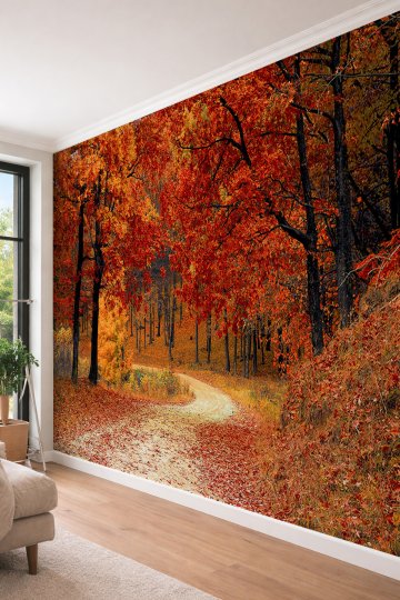 Dreamwall Sonbahar Orman Yolu - Salon ve Cafe İçin Tek Parça Tekstil Duvar Kağıdı