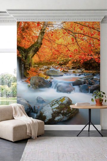 Dreamwall Sonbahar Ormanı Şelale ve Doğal Dere Manzaralı Tek Parça Tekstil Duvar Kağıdı küçük görsel 2