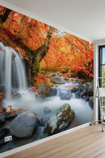 Dreamwall Sonbahar Ormanı Şelale ve Doğal Dere Manzaralı Tek Parça Tekstil Duvar Kağıdı küçük görsel 1
