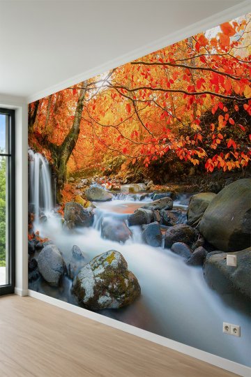 Dreamwall Sonbahar Ormanı Şelale ve Doğal Dere Manzaralı Tek Parça Tekstil Duvar Kağıdı küçük görsel 3